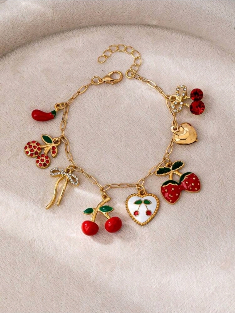 BRAND NEW ** Gold-Tone Red Cherry & Fruit Charm Bracelet